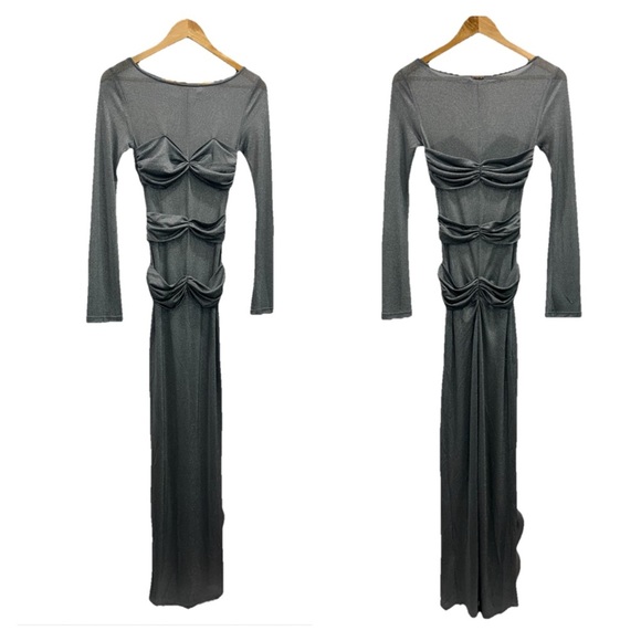 PHEME Silver Mesh Maxi Dress XS Stretch Ruched Long Sleeve Evening Sparkle Gown - Picture 4 of 13